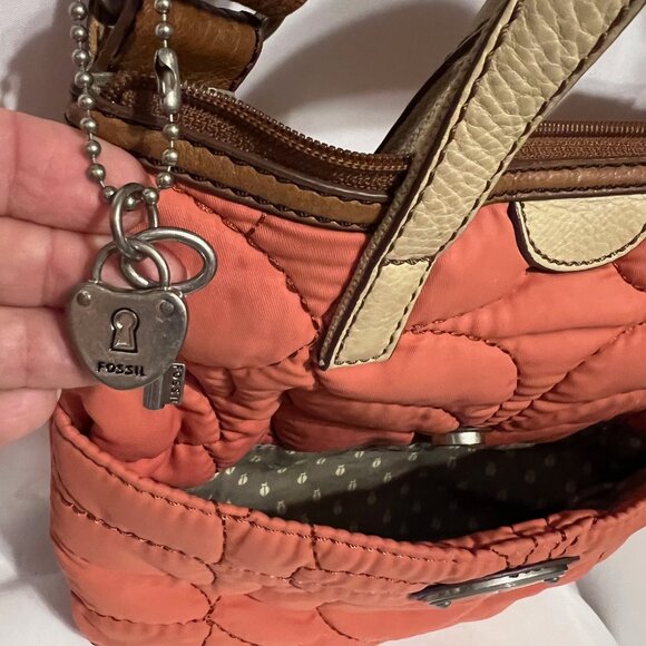 Fossil "Key-Pen" Orange/Peach Quilted Tan Trim Crossbody Purse-Lightweight-Comfy - Picture 5 of 15